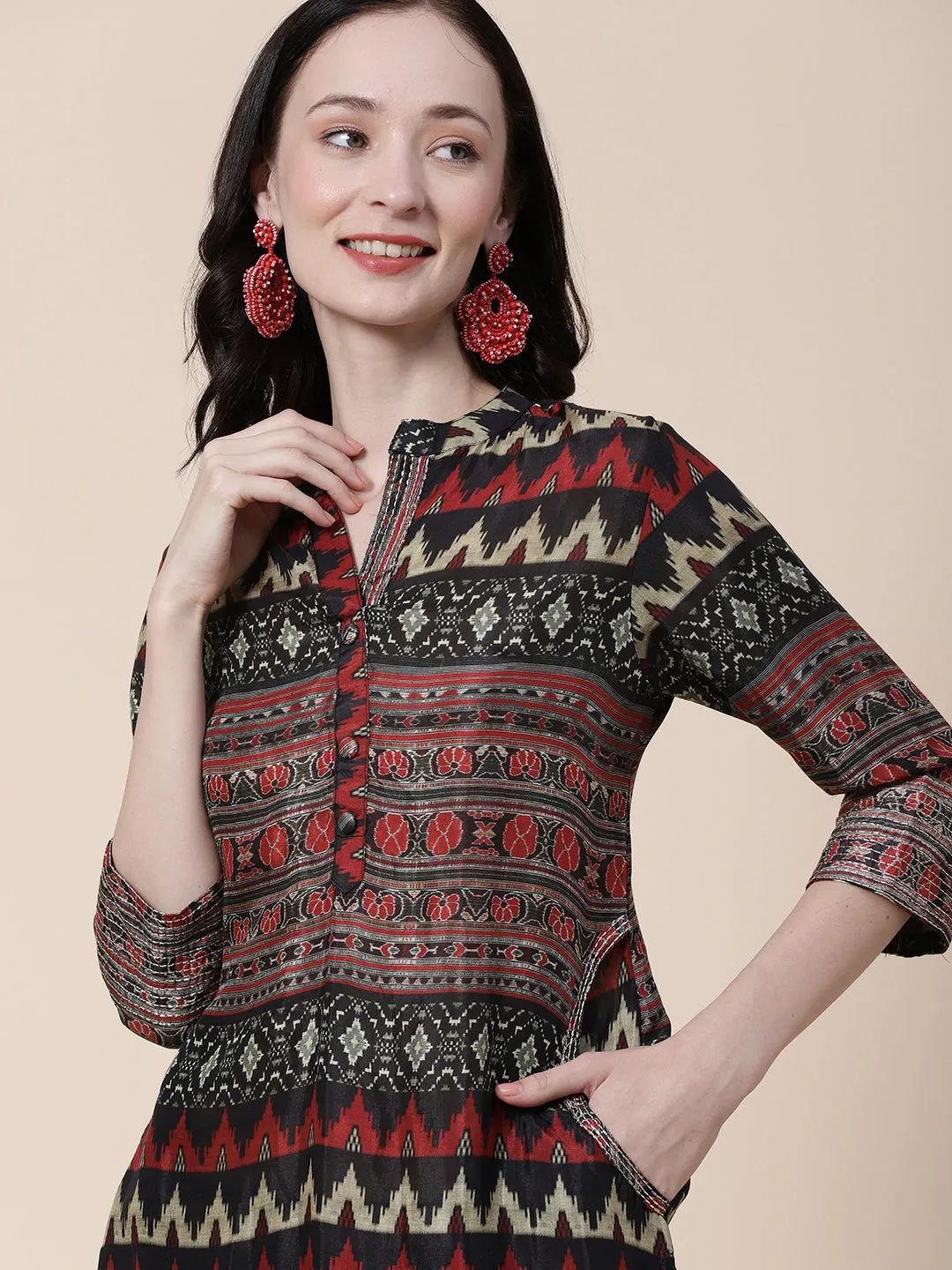 Abstract Ikkat Printed Zari Embroidered Kurta With Matching Pants Set - Black & Multi