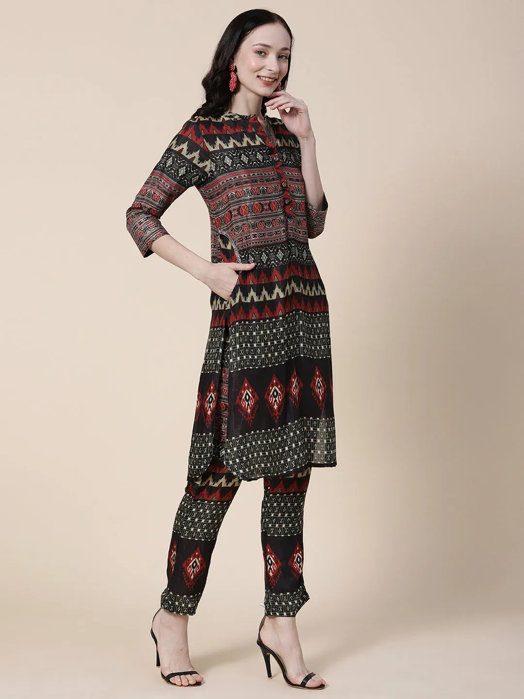 Abstract Ikkat Printed Zari Embroidered Kurta With Matching Pants Set - Black & Multi