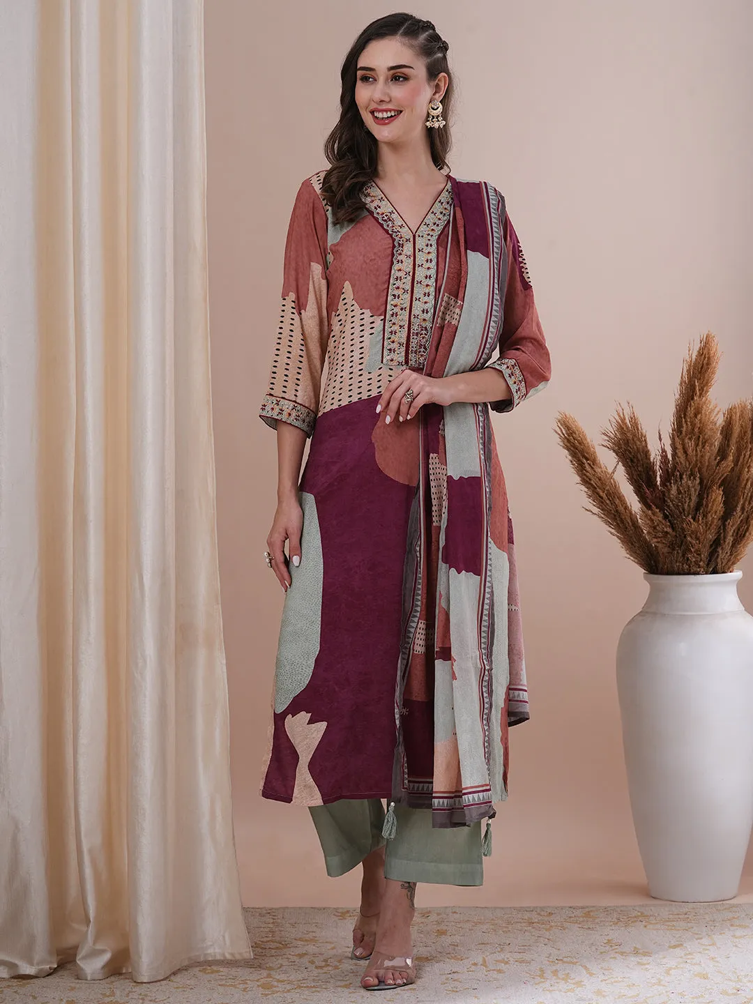 Abstract Printed & Embroidered Straight Fit Kurta with Pant and Dupatta - Multi