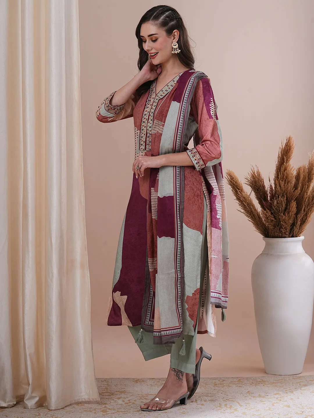 Abstract Printed & Embroidered Straight Fit Kurta with Pant and Dupatta - Multi