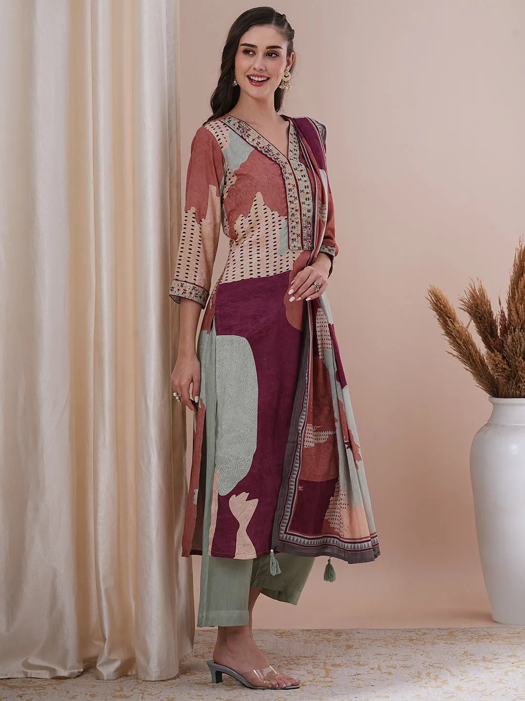 Abstract Printed & Embroidered Straight Fit Kurta with Pant and Dupatta - Multi