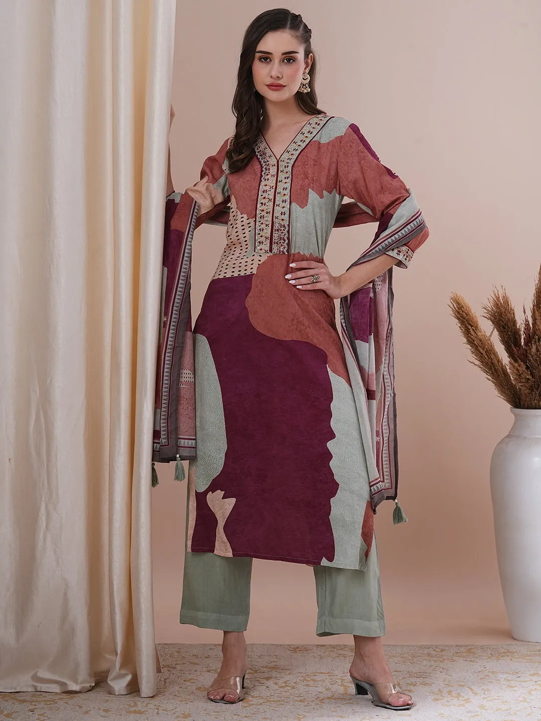 Abstract Printed & Embroidered Straight Fit Kurta with Pant and Dupatta - Multi