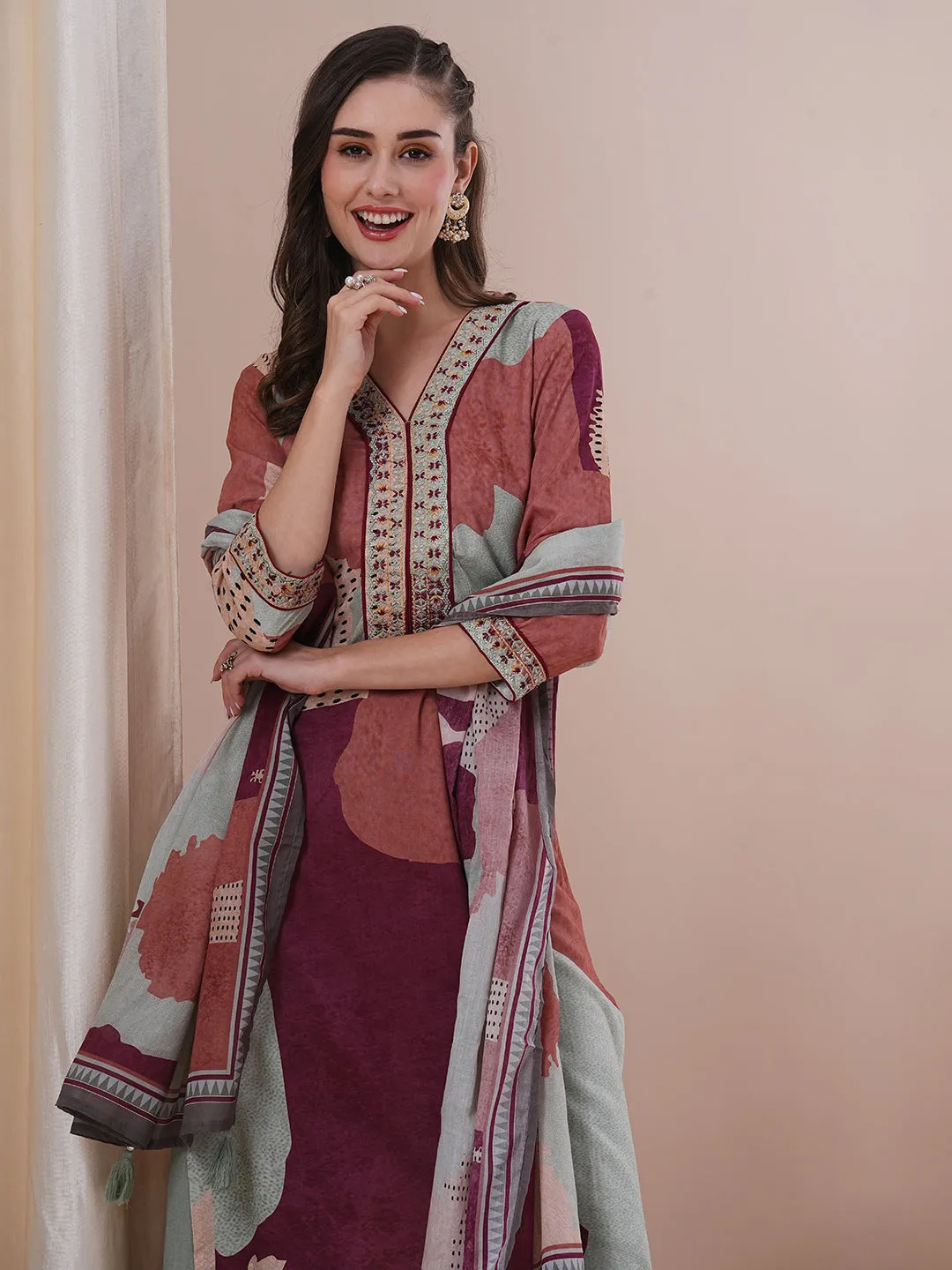 Abstract Printed & Embroidered Straight Fit Kurta with Pant and Dupatta - Multi