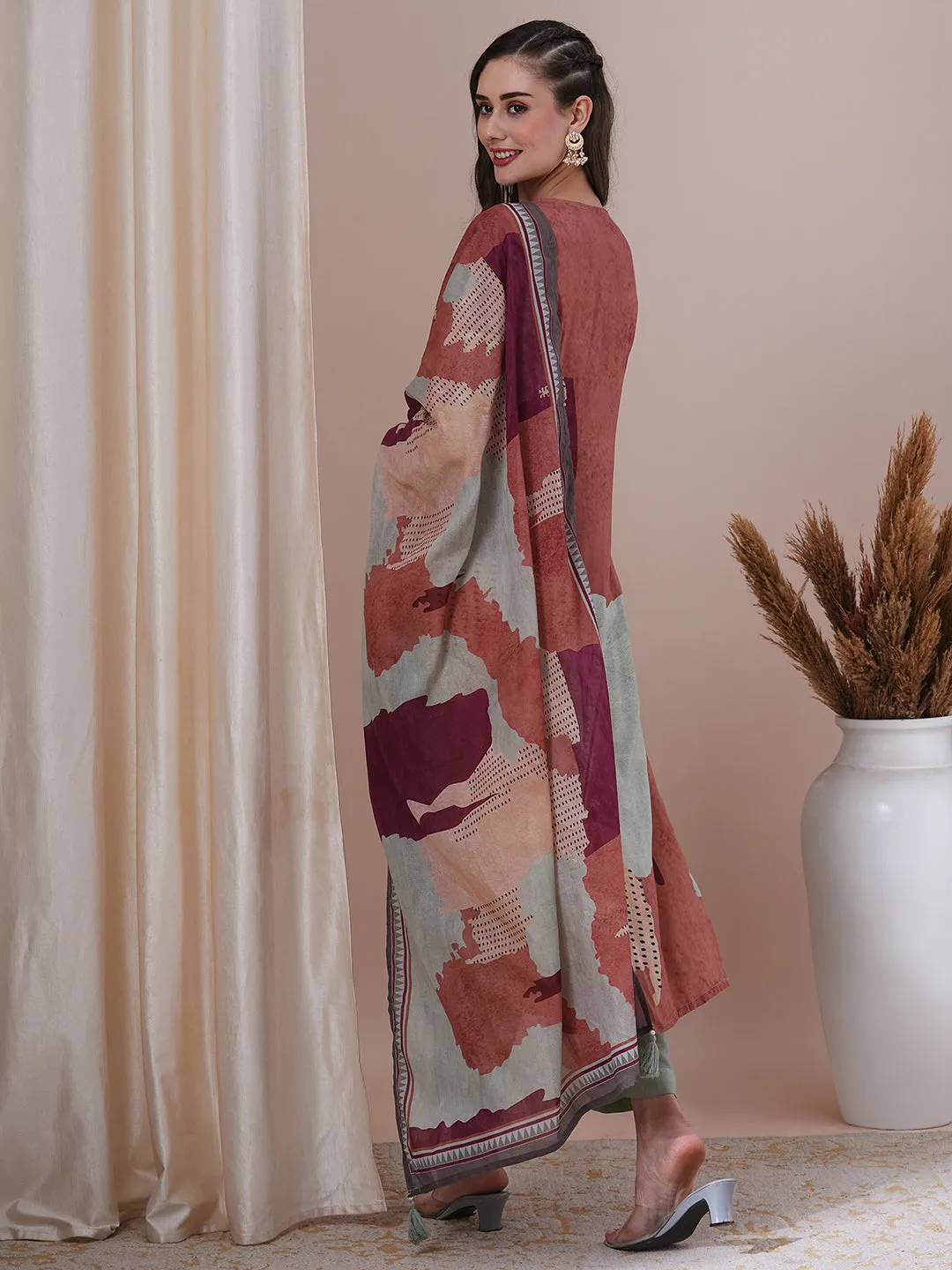 Abstract Printed & Embroidered Straight Fit Kurta with Pant and Dupatta - Multi