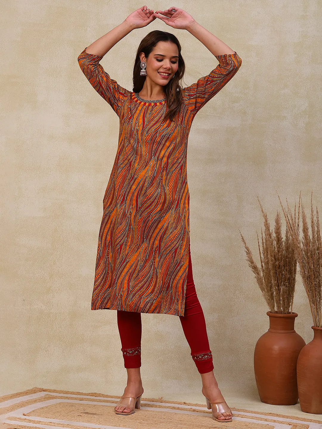 Abstract Printed Beads, Resham & Stone Embroidered Kurta - Mustard & Multi