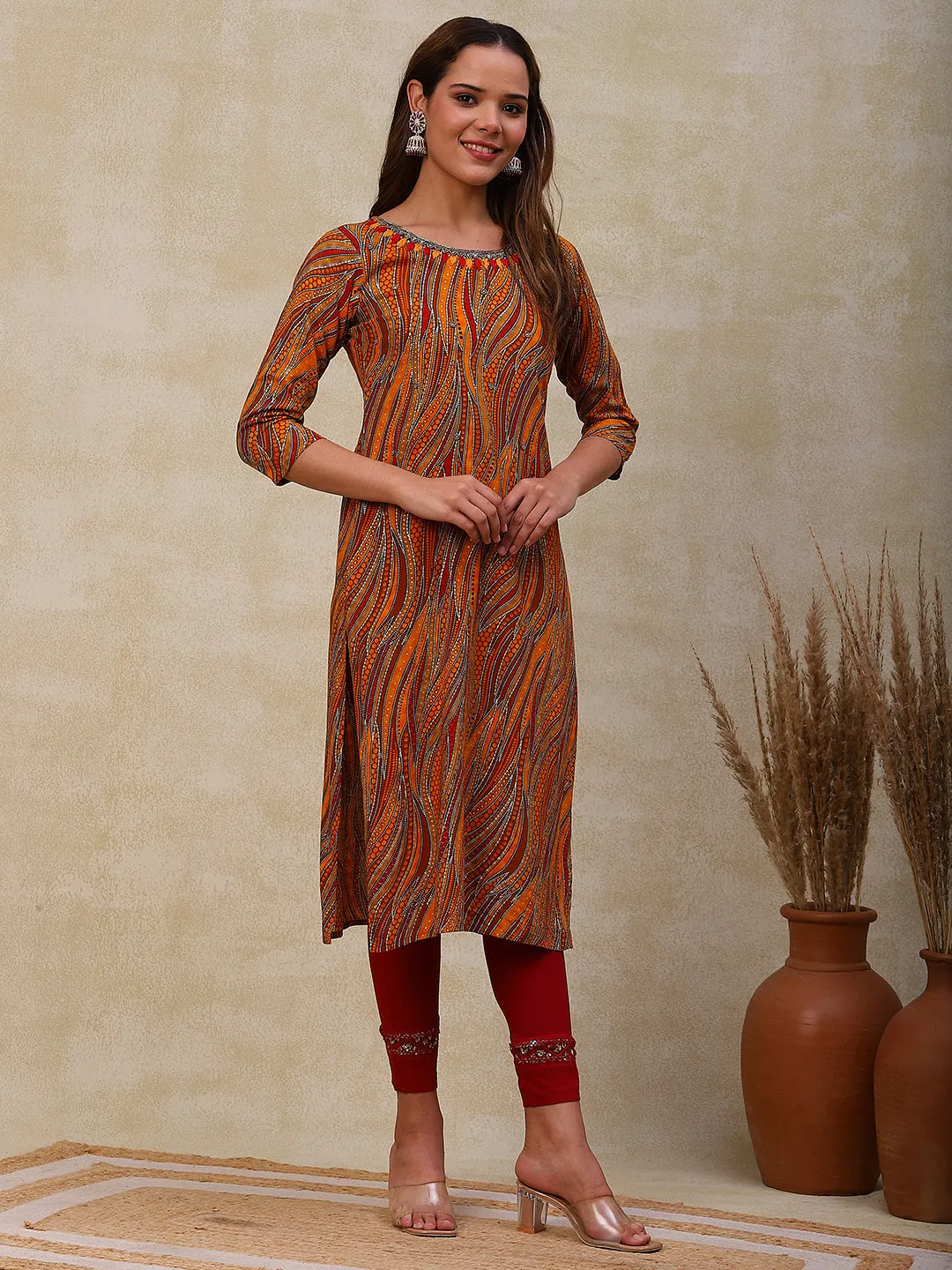 Abstract Printed Beads, Resham & Stone Embroidered Kurta - Mustard & Multi