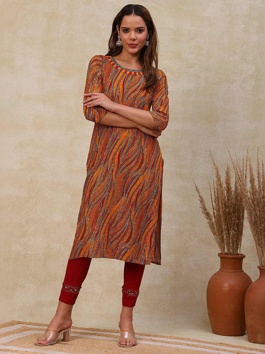 Abstract Printed Beads, Resham & Stone Embroidered Kurta - Mustard & Multi