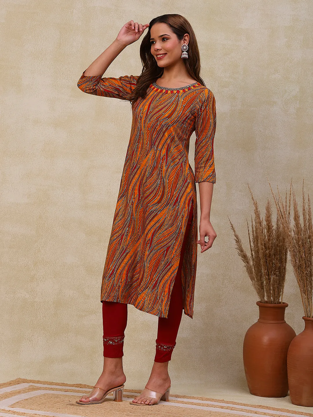 Abstract Printed Beads, Resham & Stone Embroidered Kurta - Mustard & Multi