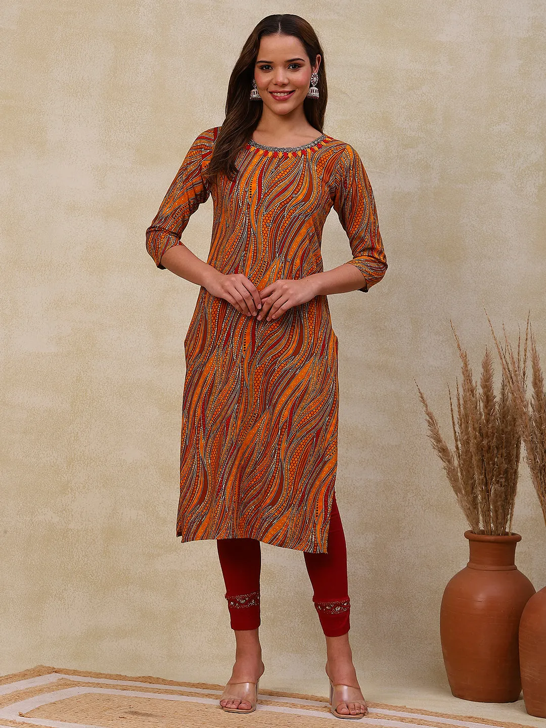 Abstract Printed Beads, Resham & Stone Embroidered Kurta - Mustard & Multi