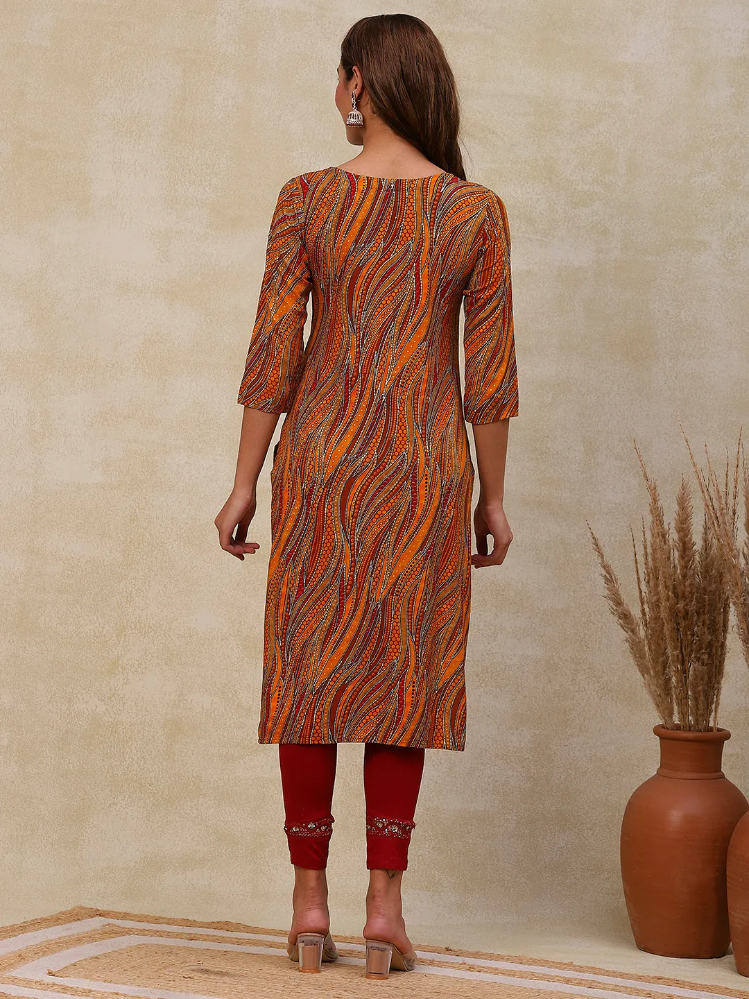 Abstract Printed Beads, Resham & Stone Embroidered Kurta - Mustard & Multi