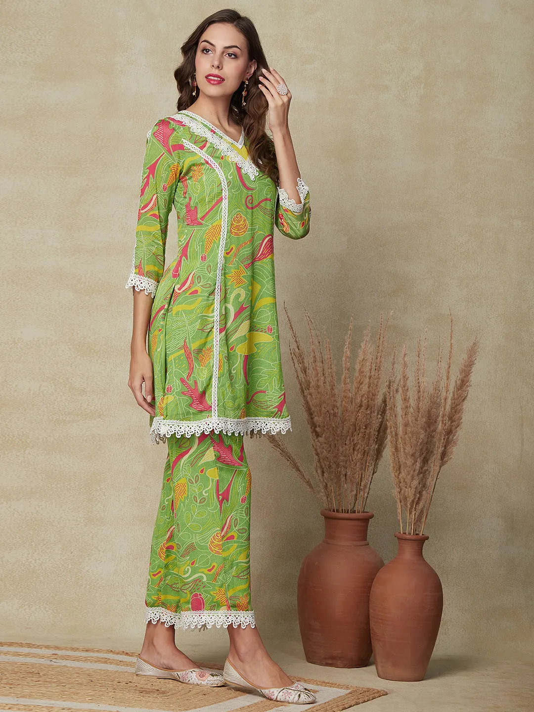 Abstract Printed Crochet Lace Embellished Kurta with Palazzo Pants - Green