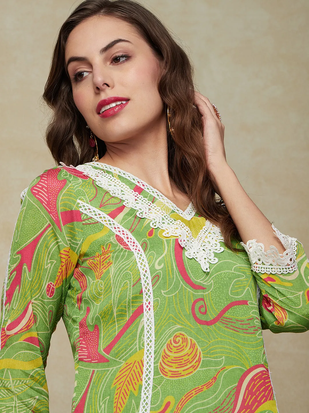 Abstract Printed Crochet Lace Embellished Kurta with Palazzo Pants - Green