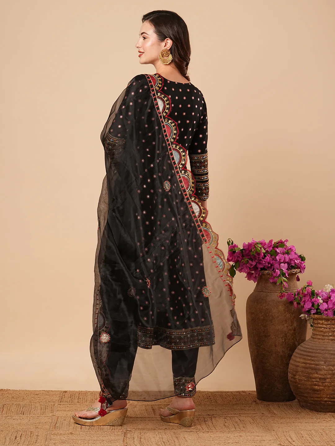 Abstract Printed Mirror & Resham Embroidered Anarkali with Pants & Dupatta - Black