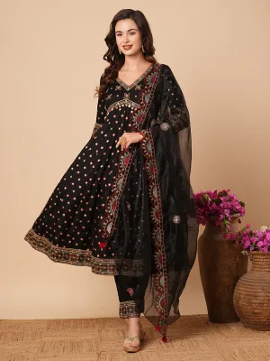 Abstract Printed Mirror & Resham Embroidered Anarkali with Pants & Dupatta - Black