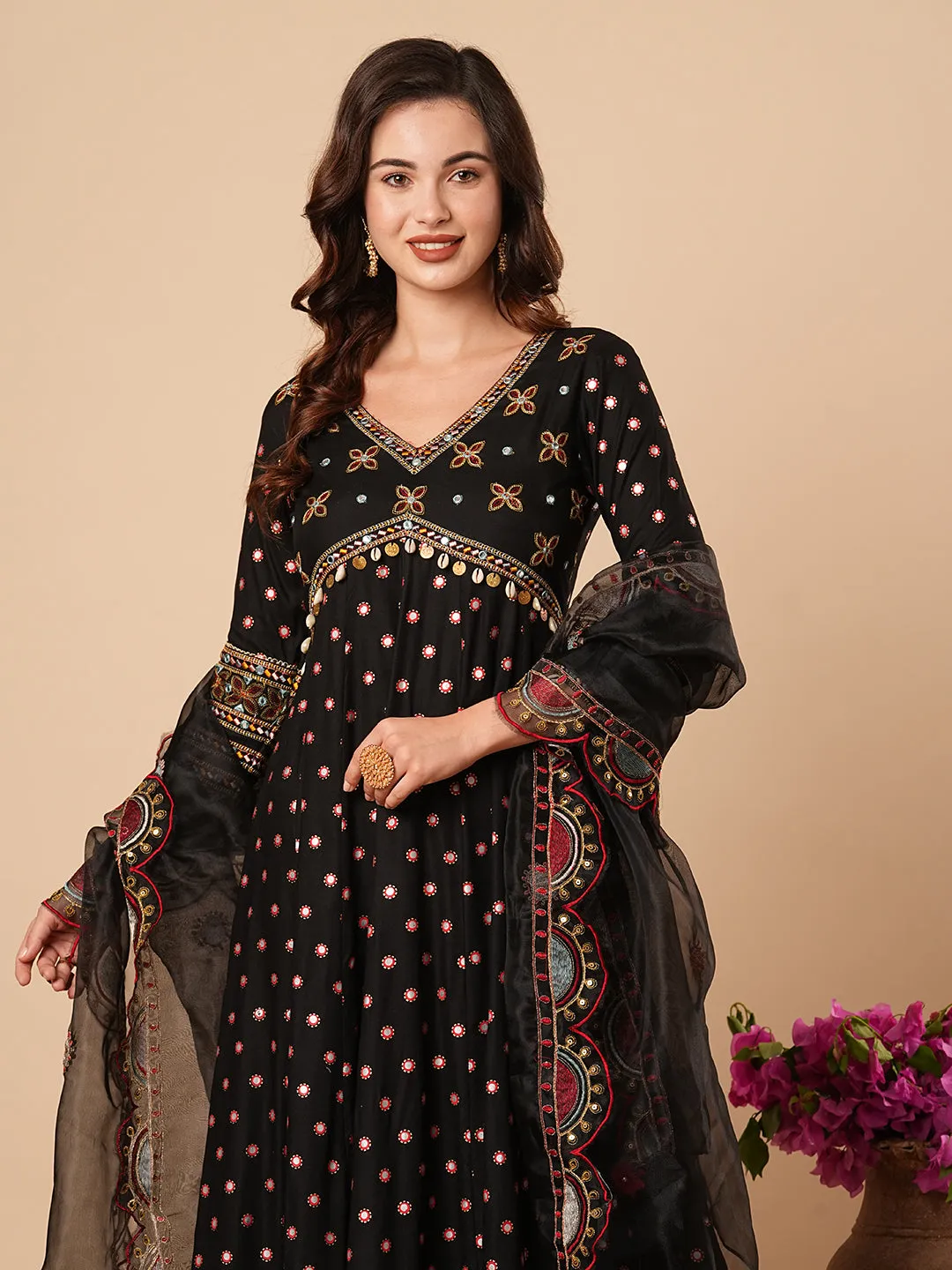 Abstract Printed Mirror & Resham Embroidered Anarkali with Pants & Dupatta - Black