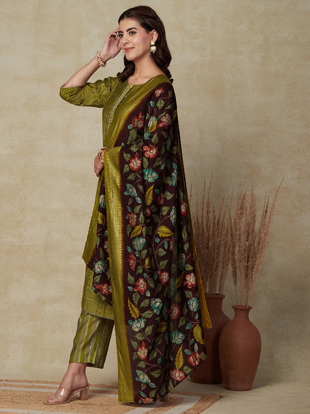 Abstract Printed Mirror & Sequins Embroidered Kurta with Pants & Floral Dupatta - Olive