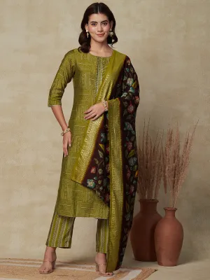 Abstract Printed Mirror & Sequins Embroidered Kurta with Pants & Floral Dupatta - Olive