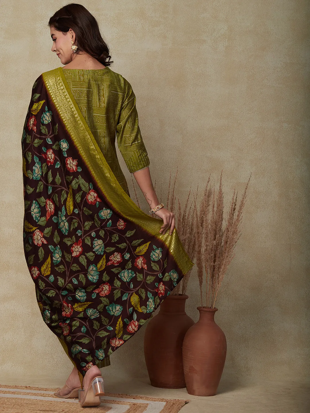 Abstract Printed Mirror & Sequins Embroidered Kurta with Pants & Floral Dupatta - Olive