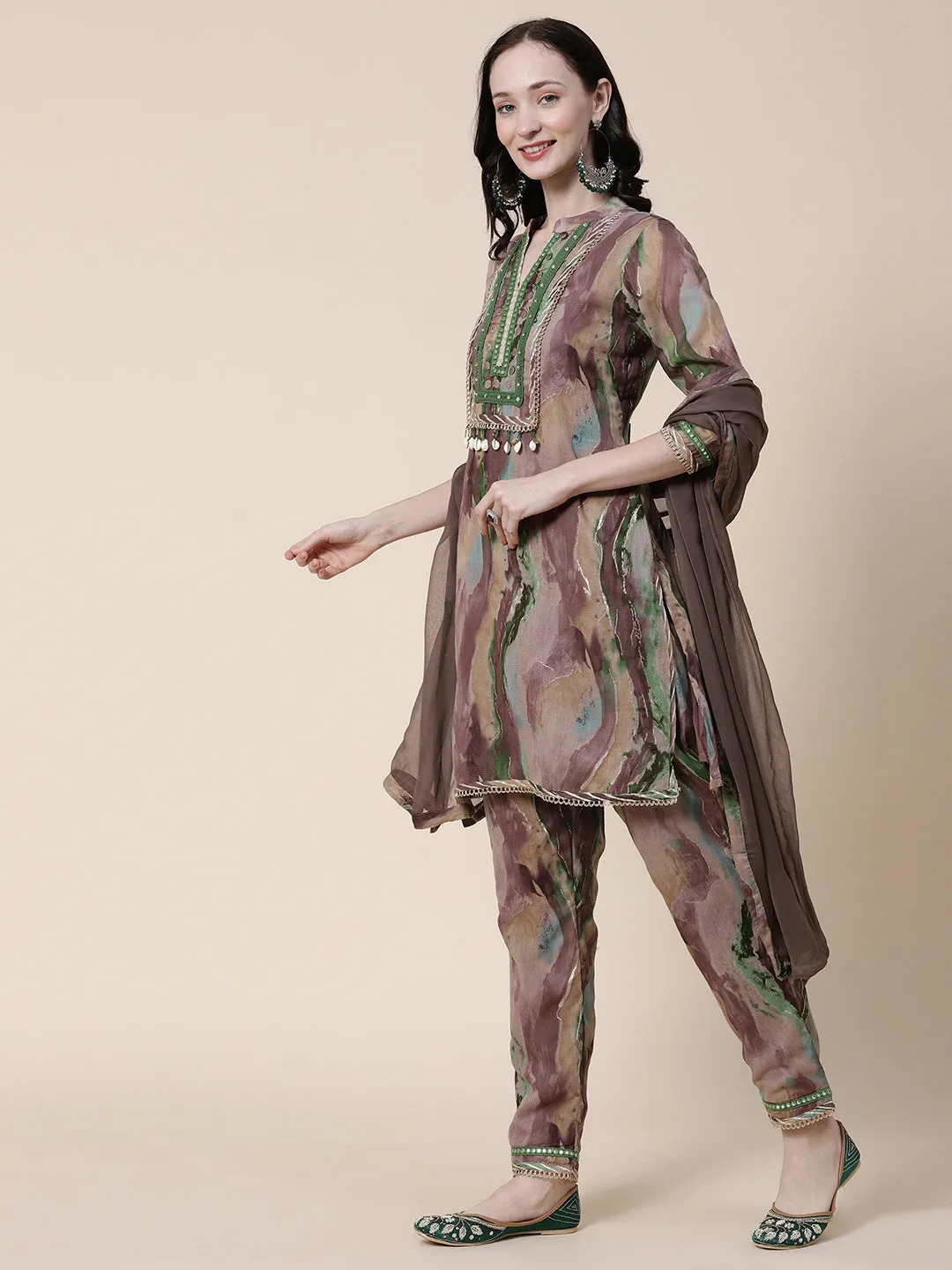 Abstract Printed Mirror, Coin Tikki & Resham Embroidered Mulmul Cotton Kurta With Pants & Dupatta - Brown