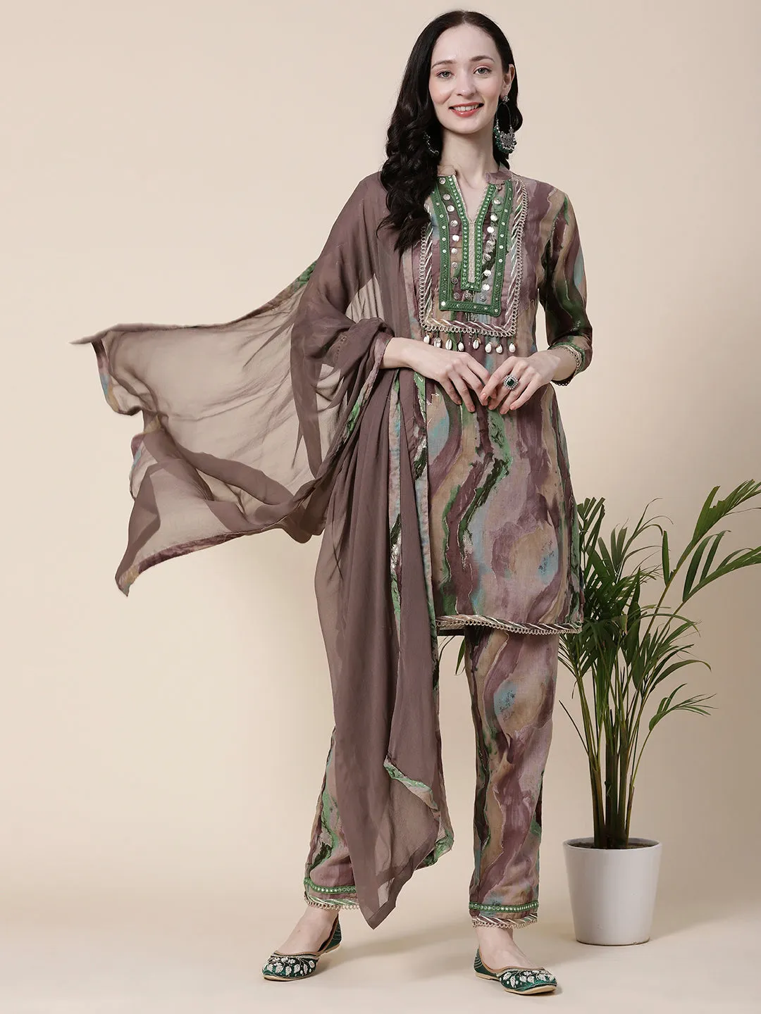 Abstract Printed Mirror, Coin Tikki & Resham Embroidered Mulmul Cotton Kurta With Pants & Dupatta - Brown