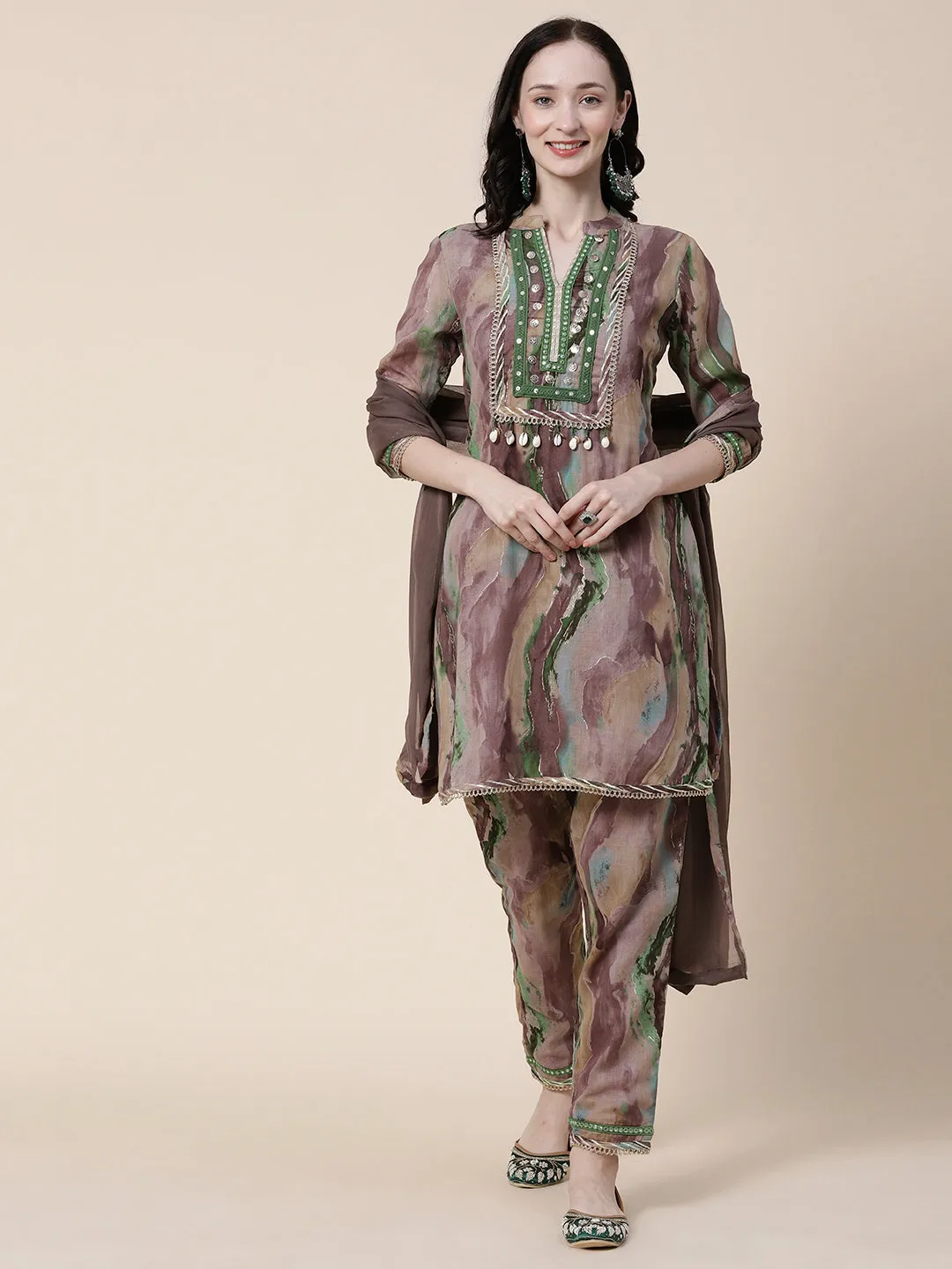 Abstract Printed Mirror, Coin Tikki & Resham Embroidered Mulmul Cotton Kurta With Pants & Dupatta - Brown