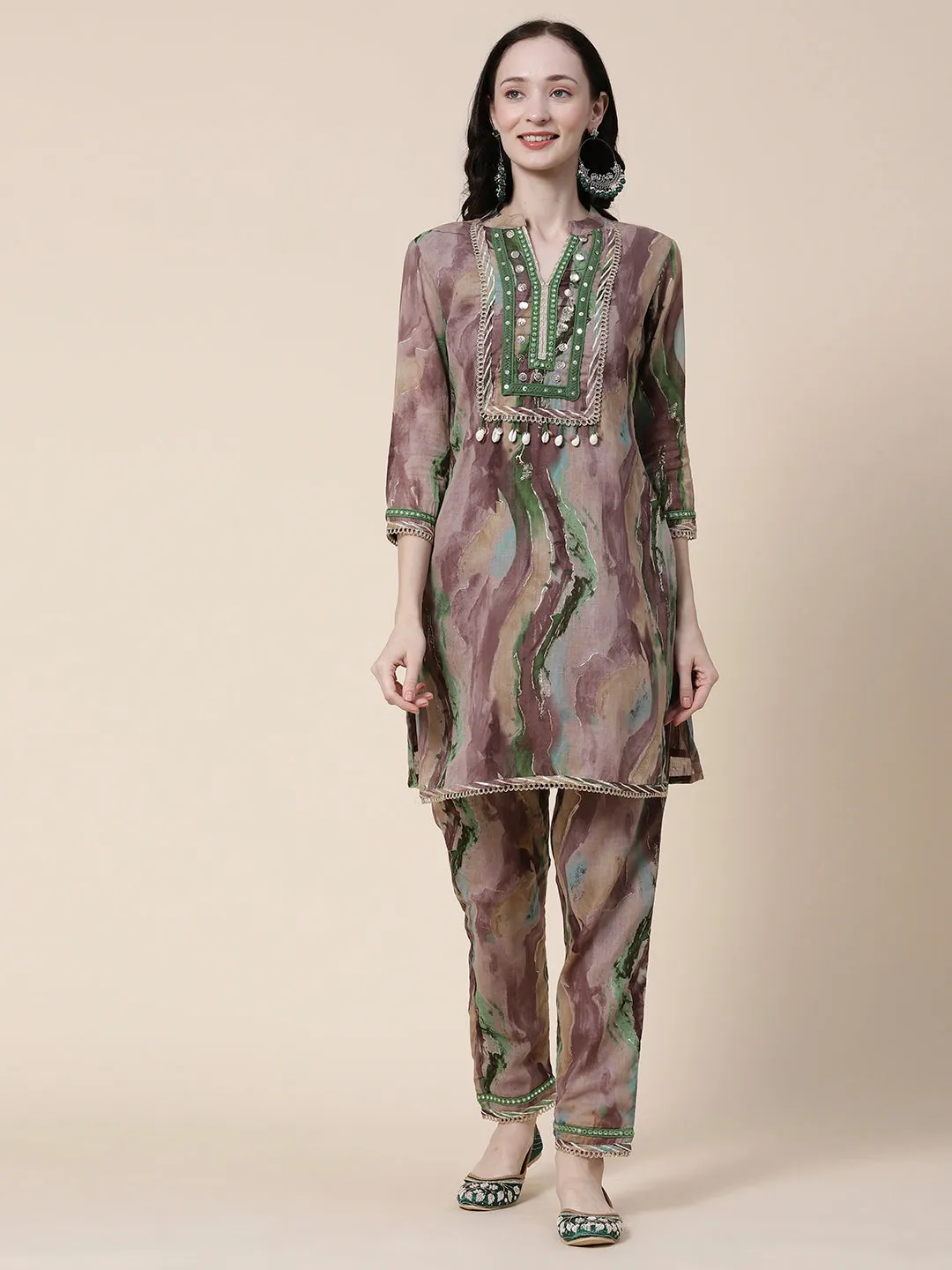 Abstract Printed Mirror, Coin Tikki & Resham Embroidered Mulmul Cotton Kurta With Pants & Dupatta - Brown