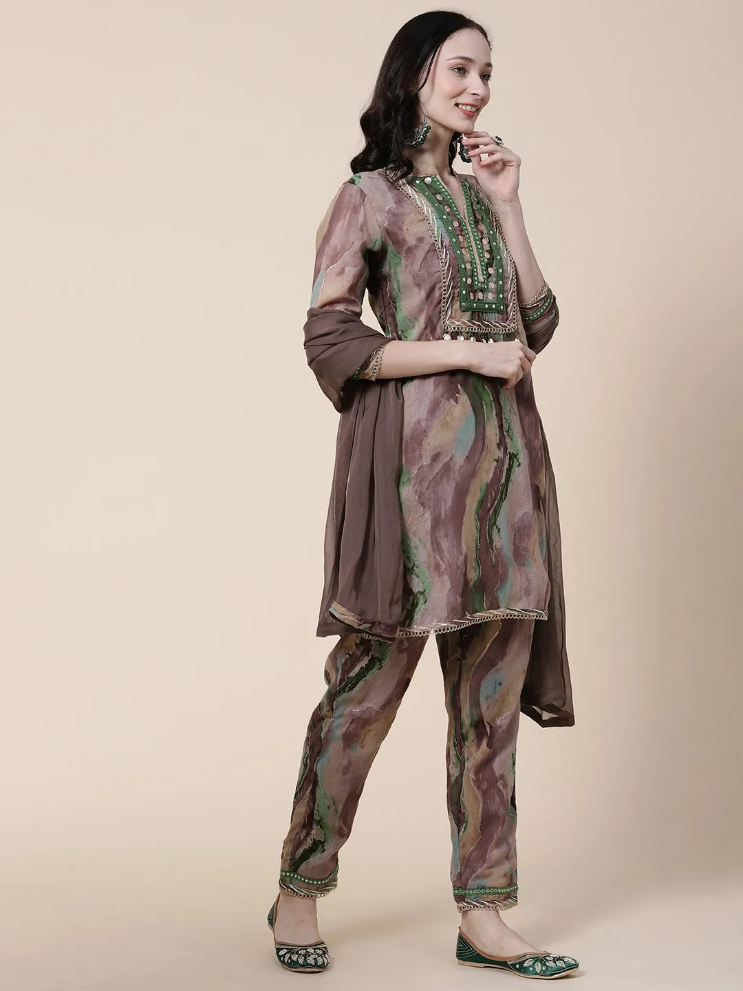 Abstract Printed Mirror, Coin Tikki & Resham Embroidered Mulmul Cotton Kurta With Pants & Dupatta - Brown