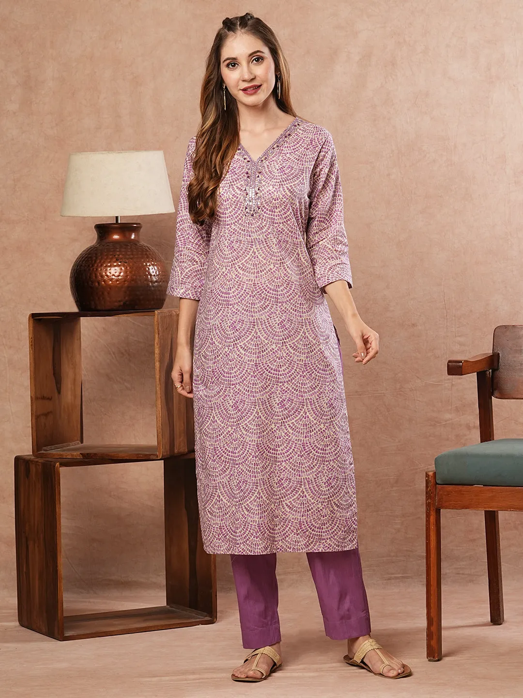 Abstract Printed Mirror, Dabka & Resham Embroidered Kurta with Pants - Purple