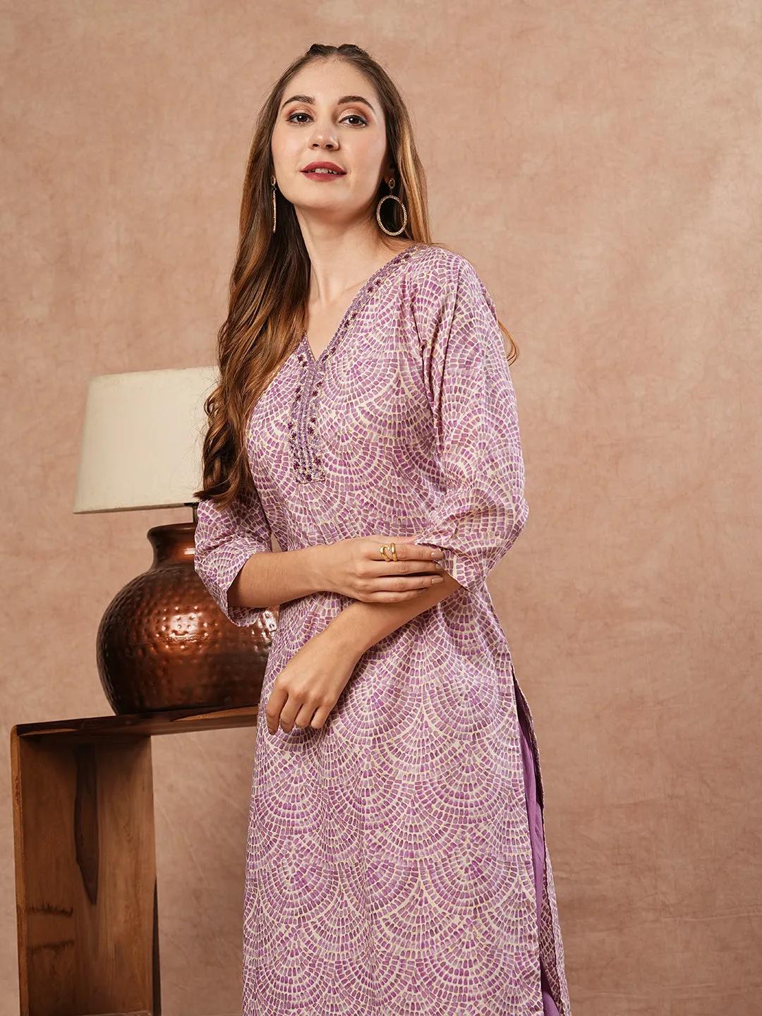 Abstract Printed Mirror, Dabka & Resham Embroidered Kurta with Pants - Purple