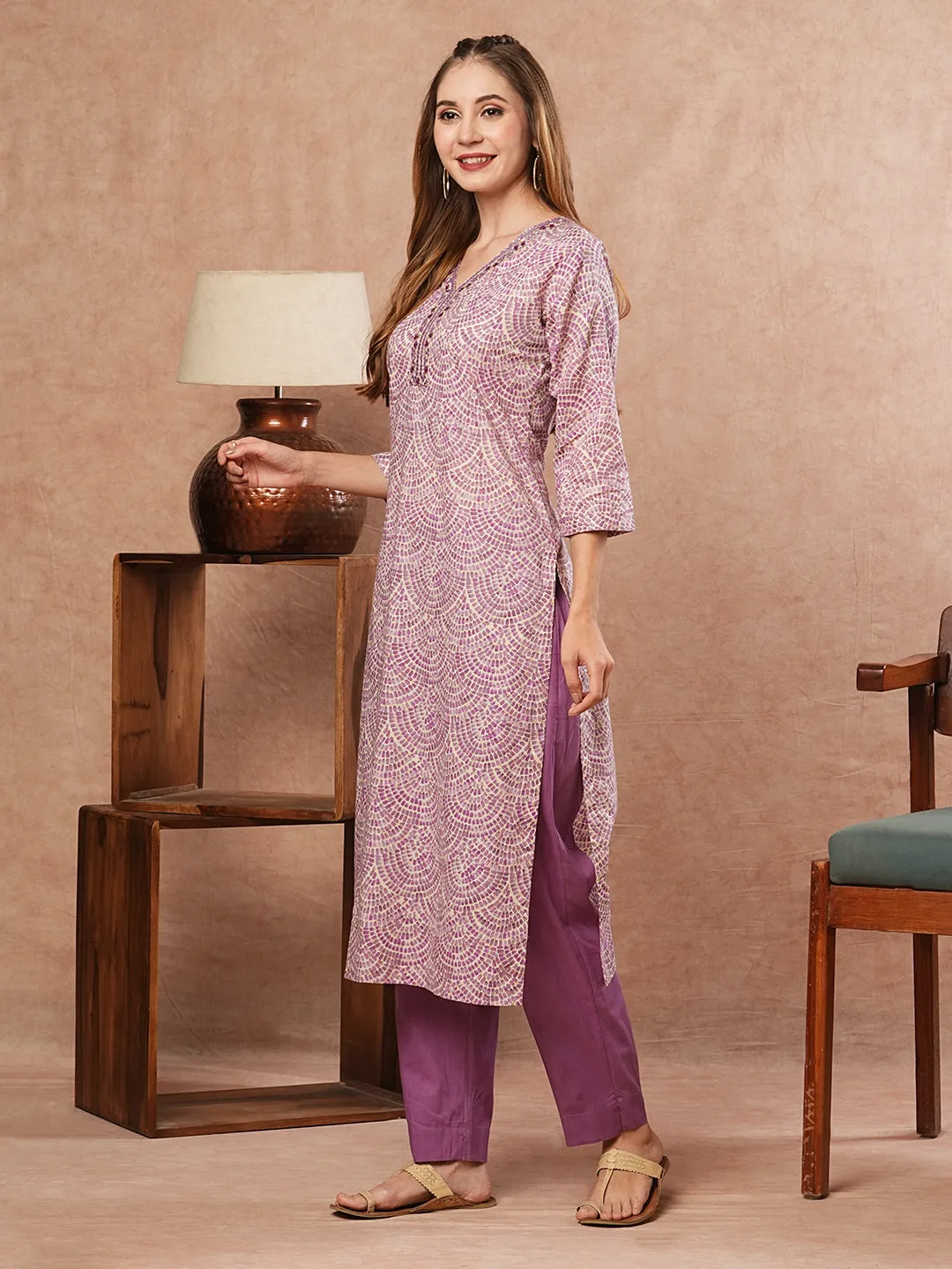 Abstract Printed Mirror, Dabka & Resham Embroidered Kurta with Pants - Purple