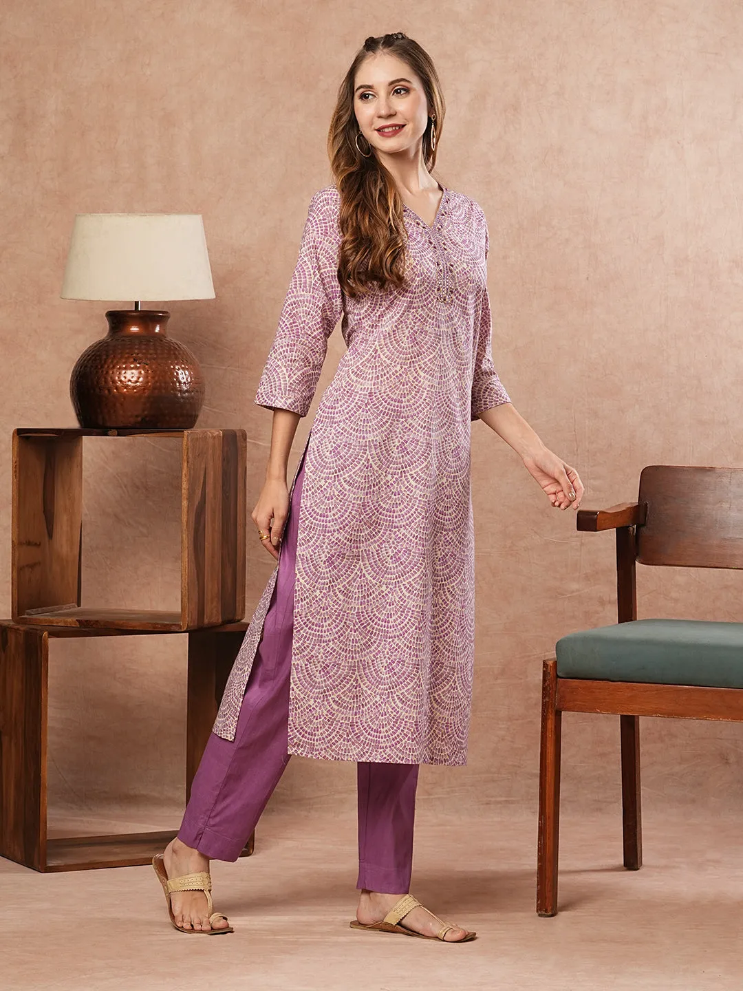 Abstract Printed Mirror, Dabka & Resham Embroidered Kurta with Pants - Purple