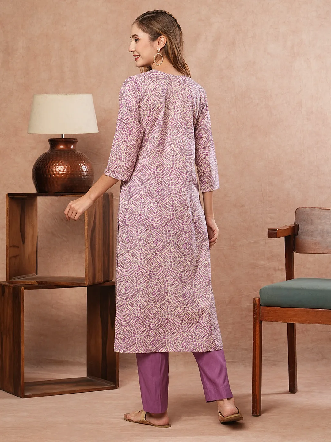 Abstract Printed Mirror, Dabka & Resham Embroidered Kurta with Pants - Purple