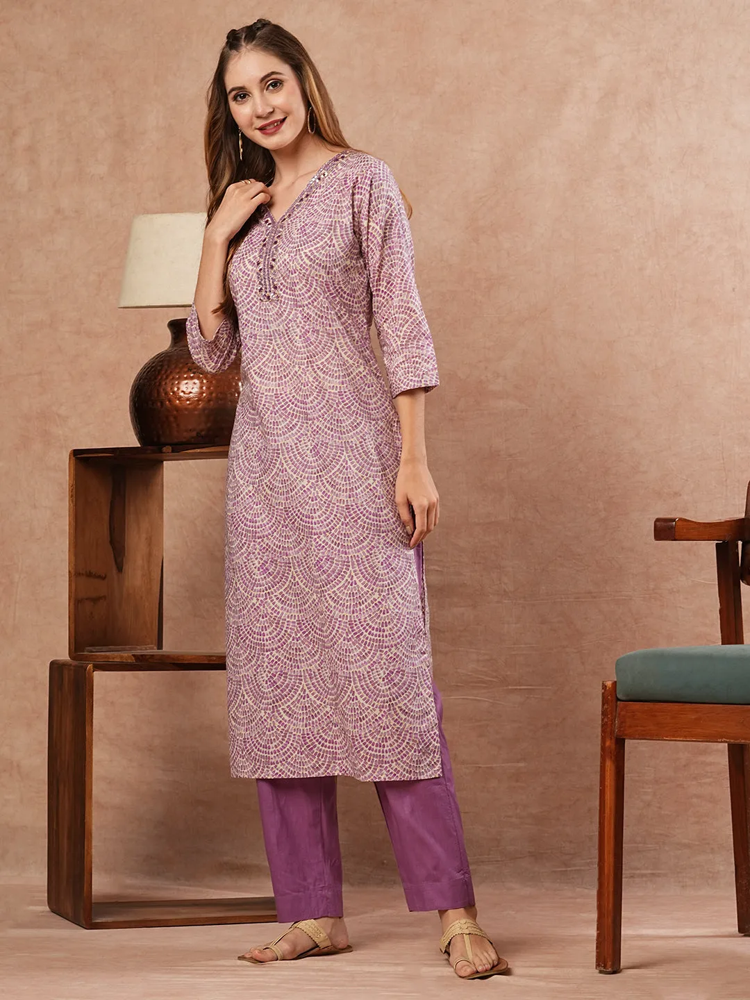 Abstract Printed Mirror, Dabka & Resham Embroidered Kurta with Pants - Purple