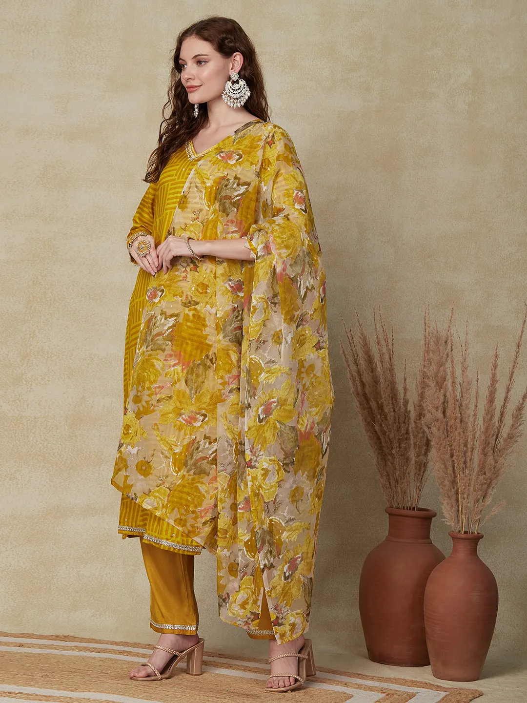 Abstract Printed Mirror Embroidered Kurta with Pants & Printed Dupatta - Mustard