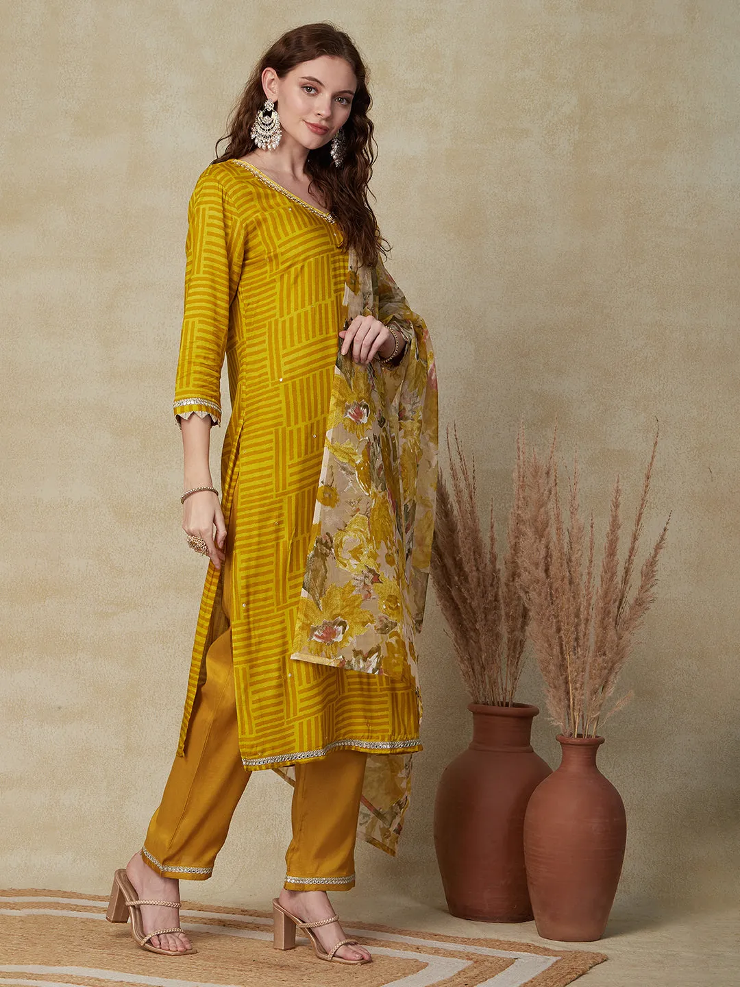 Abstract Printed Mirror Embroidered Kurta with Pants & Printed Dupatta - Mustard