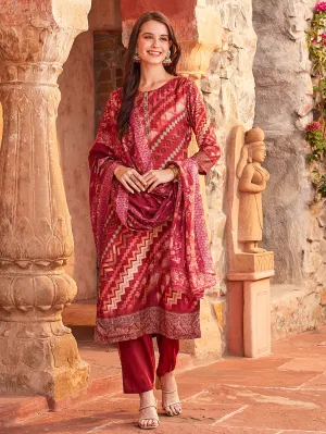 Abstract Printed Mirror, sequins & Beads Embroidered Kurta with Pants & Woven Design Dupatta - Maroon