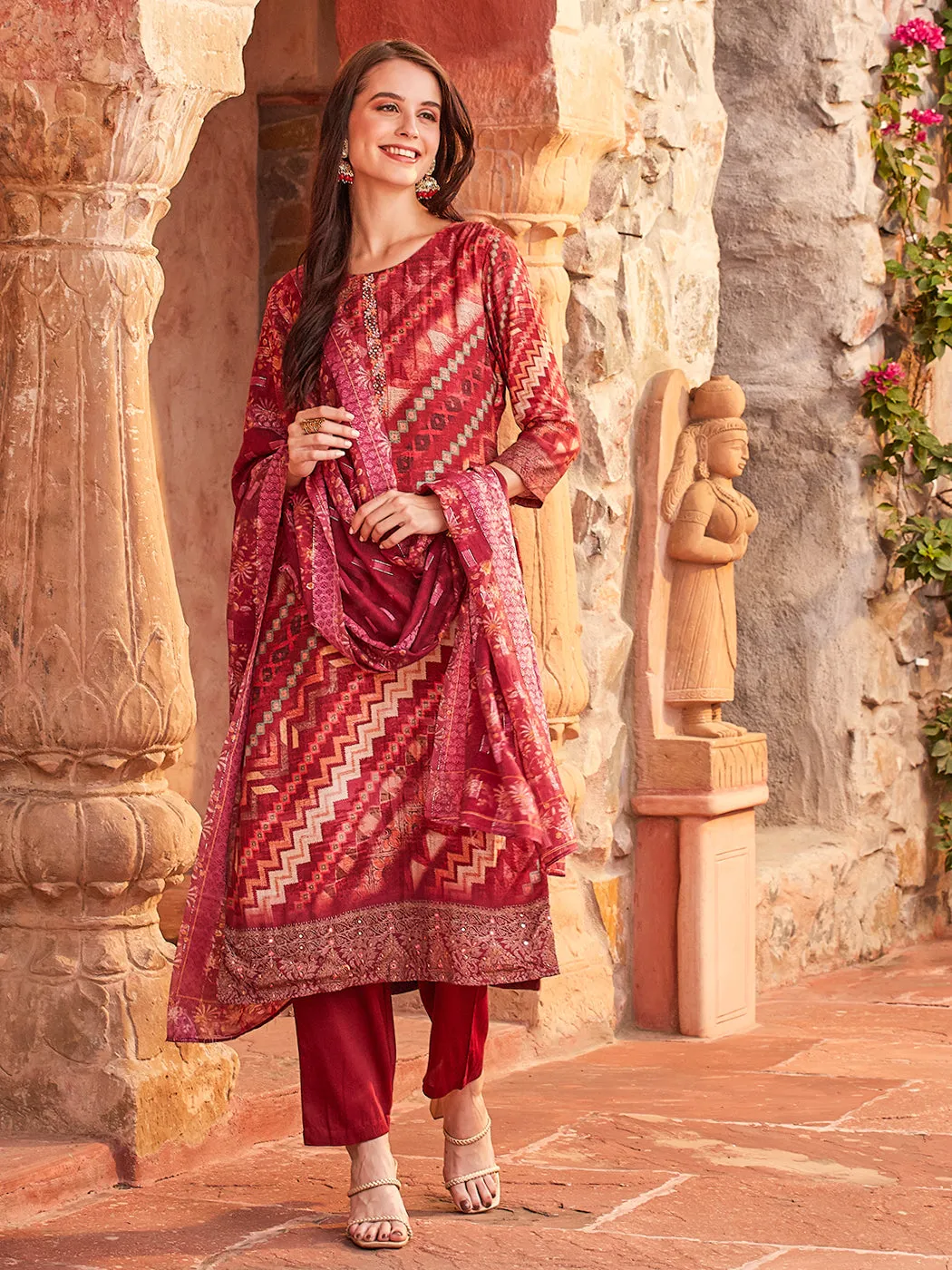 Abstract Printed Mirror, sequins & Beads Embroidered Kurta with Pants & Woven Design Dupatta - Maroon