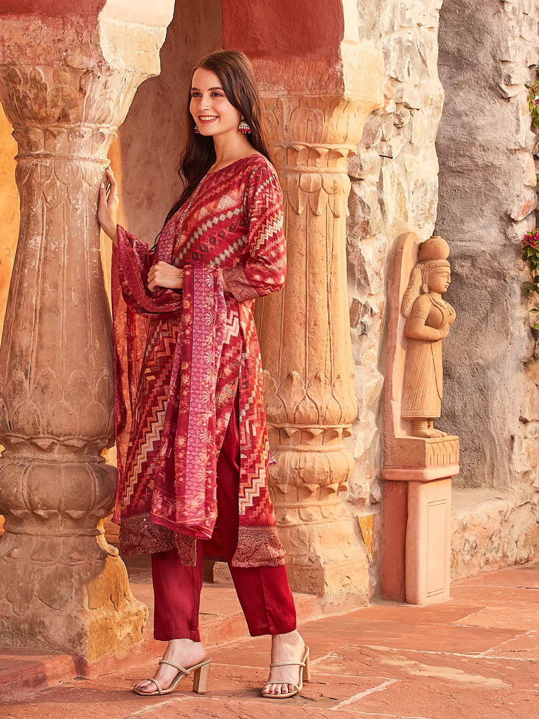 Abstract Printed Mirror, sequins & Beads Embroidered Kurta with Pants & Woven Design Dupatta - Maroon