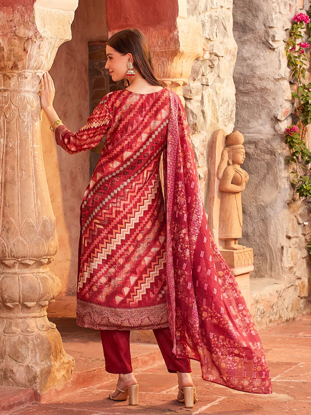 Abstract Printed Mirror, sequins & Beads Embroidered Kurta with Pants & Woven Design Dupatta - Maroon