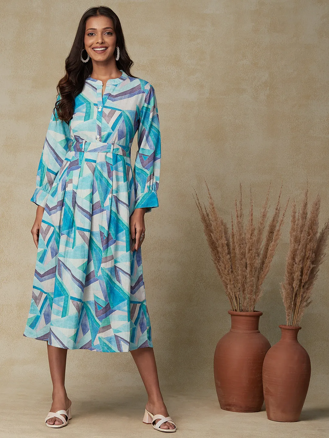 Abstract Printed Mother-of-Pearl Buttoned Pleated Dress with Printed Tie-up Waist Belt - Blue