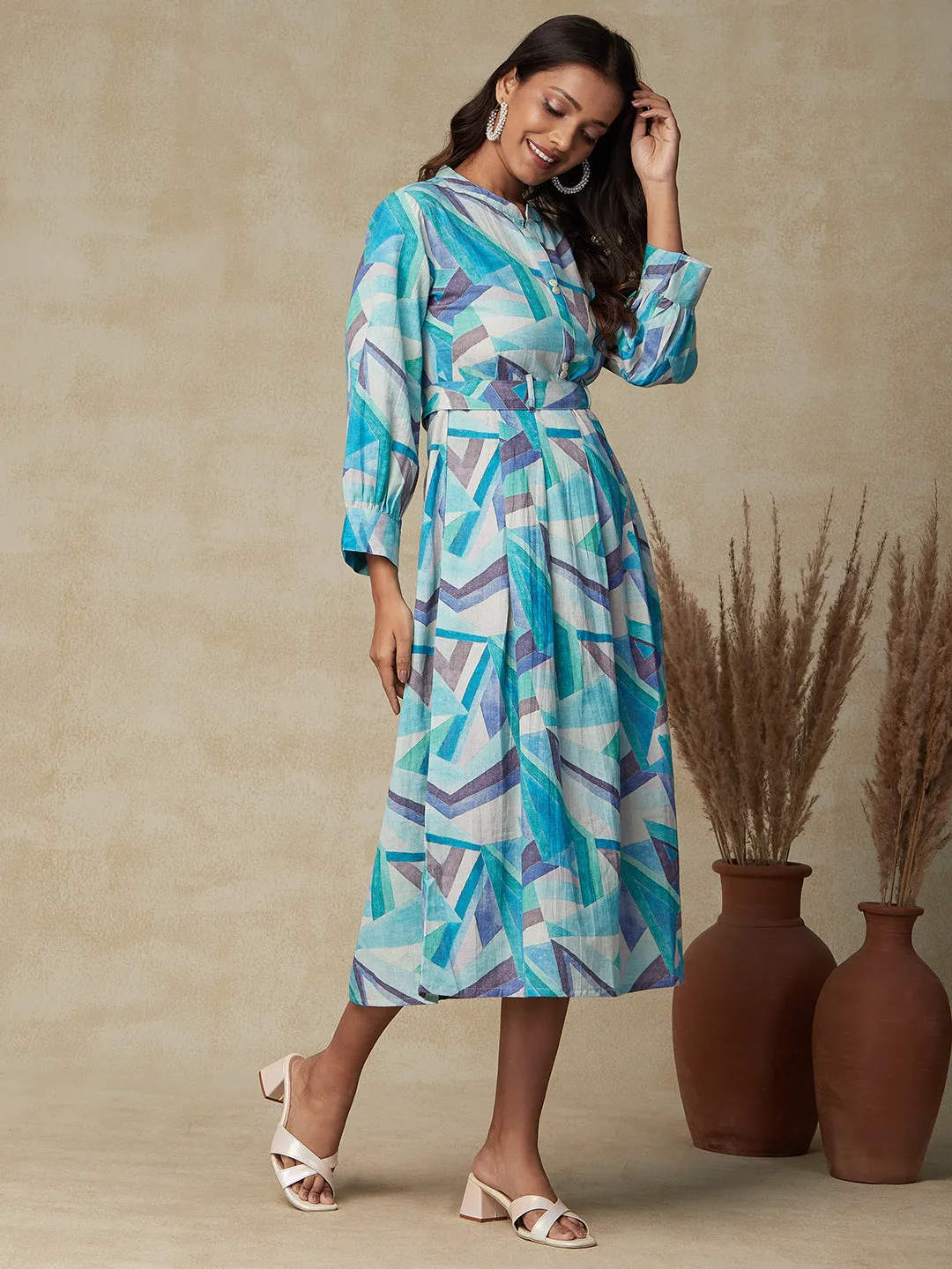 Abstract Printed Mother-of-Pearl Buttoned Pleated Dress with Printed Tie-up Waist Belt - Blue