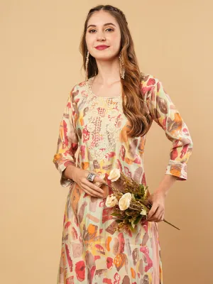 Abstract Printed Resham & Sequins Embroidered Kurta - Multi