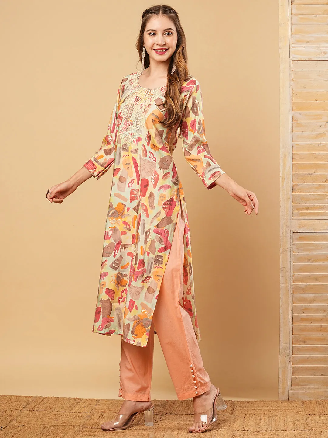 Abstract Printed Resham & Sequins Embroidered Kurta - Multi