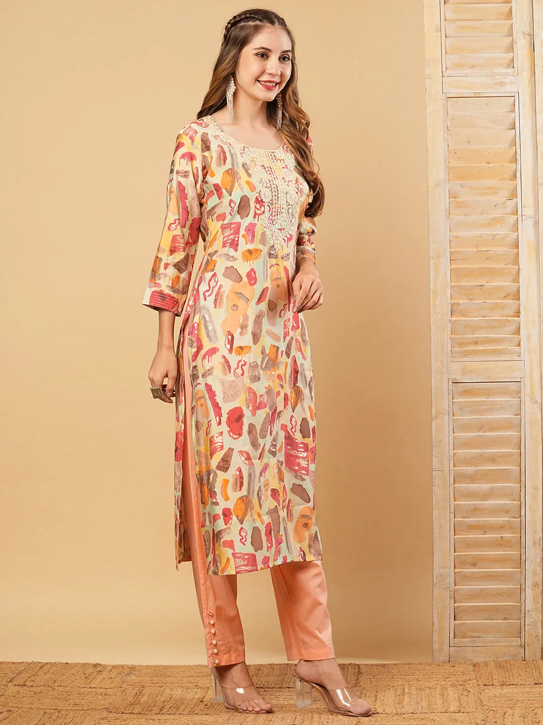 Abstract Printed Resham & Sequins Embroidered Kurta - Multi