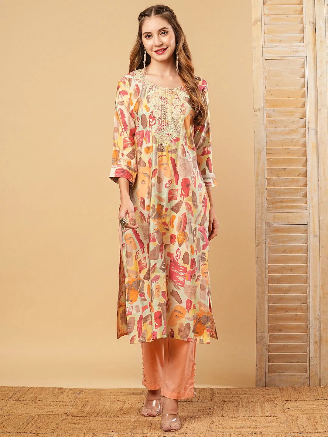 Abstract Printed Resham & Sequins Embroidered Kurta - Multi