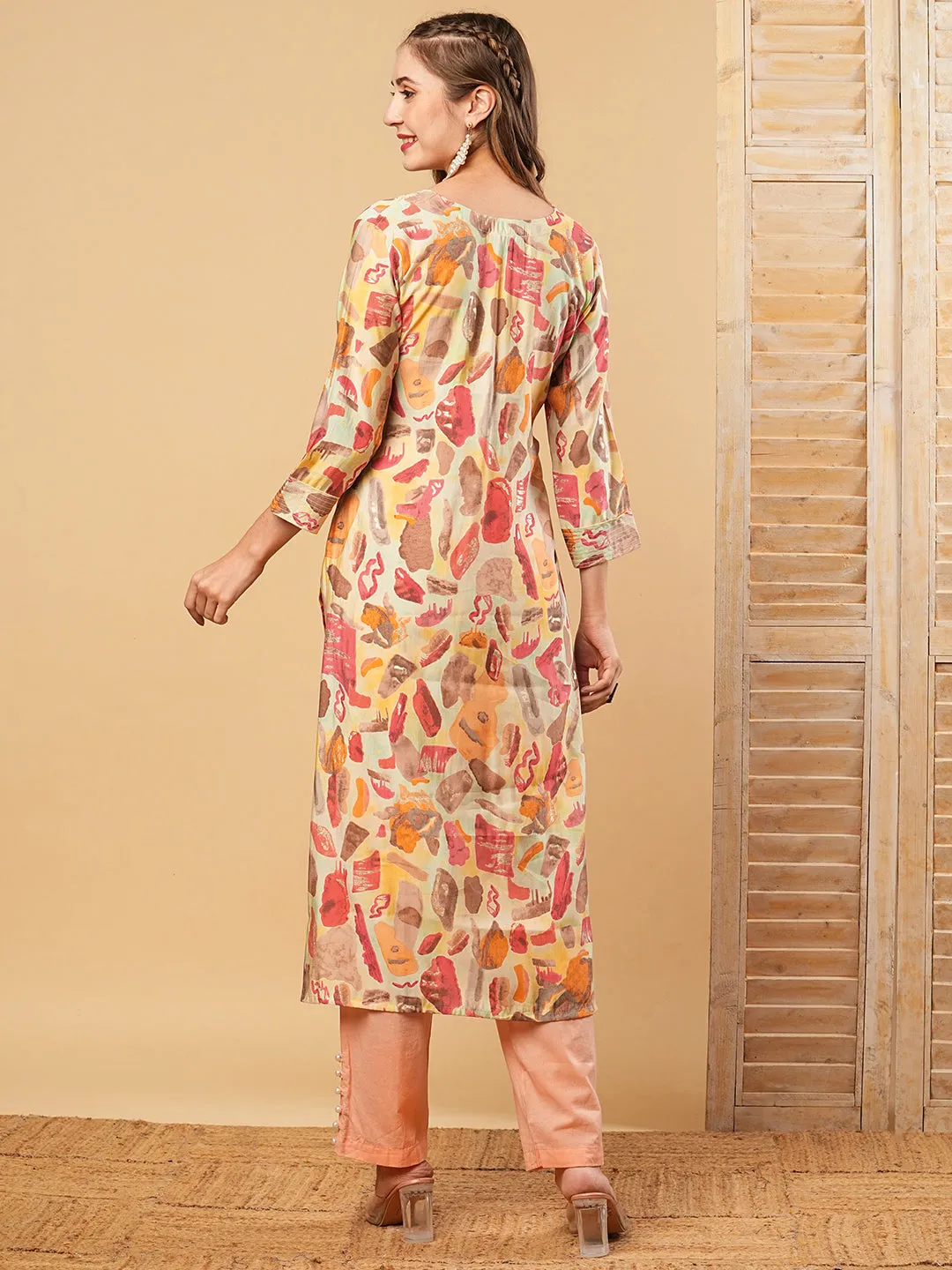 Abstract Printed Resham & Sequins Embroidered Kurta - Multi