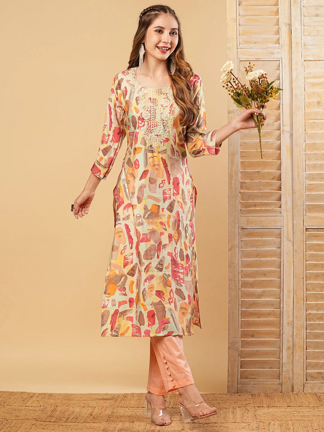 Abstract Printed Resham & Sequins Embroidered Kurta - Multi