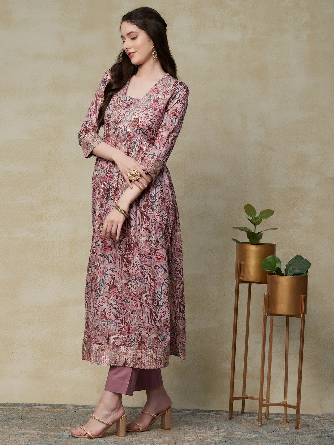 Abstract Printed Sequins & Zari Embroidered Empire Kurta with Pants - Light Mauve