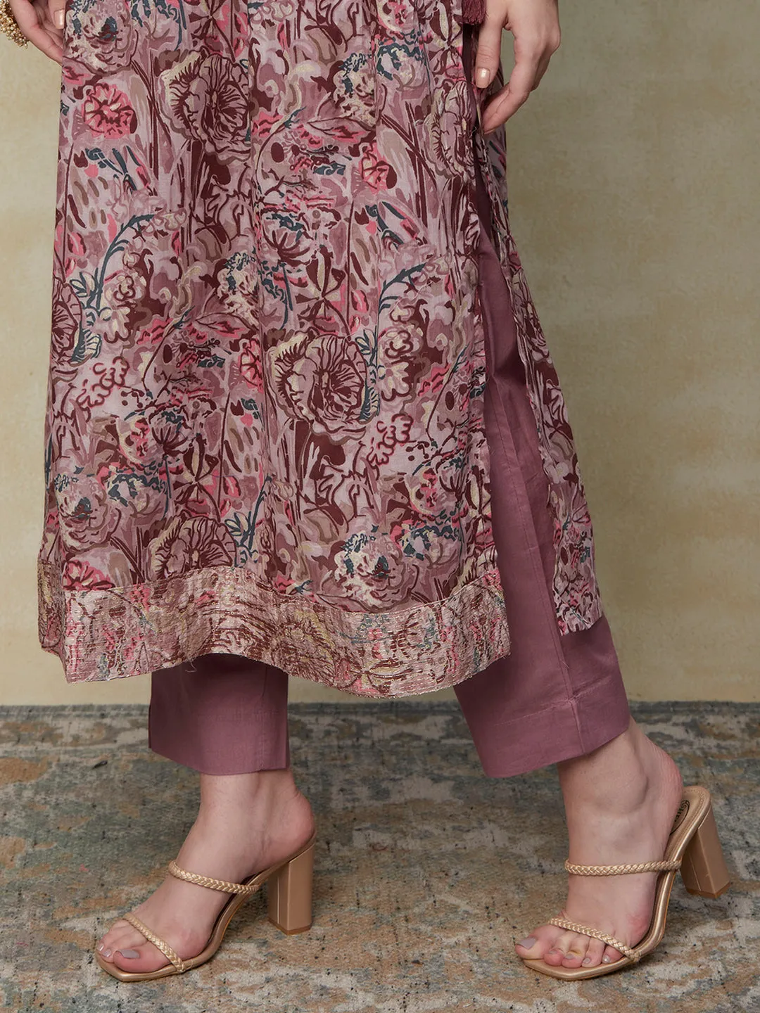 Abstract Printed Sequins & Zari Embroidered Empire Kurta with Pants - Light Mauve