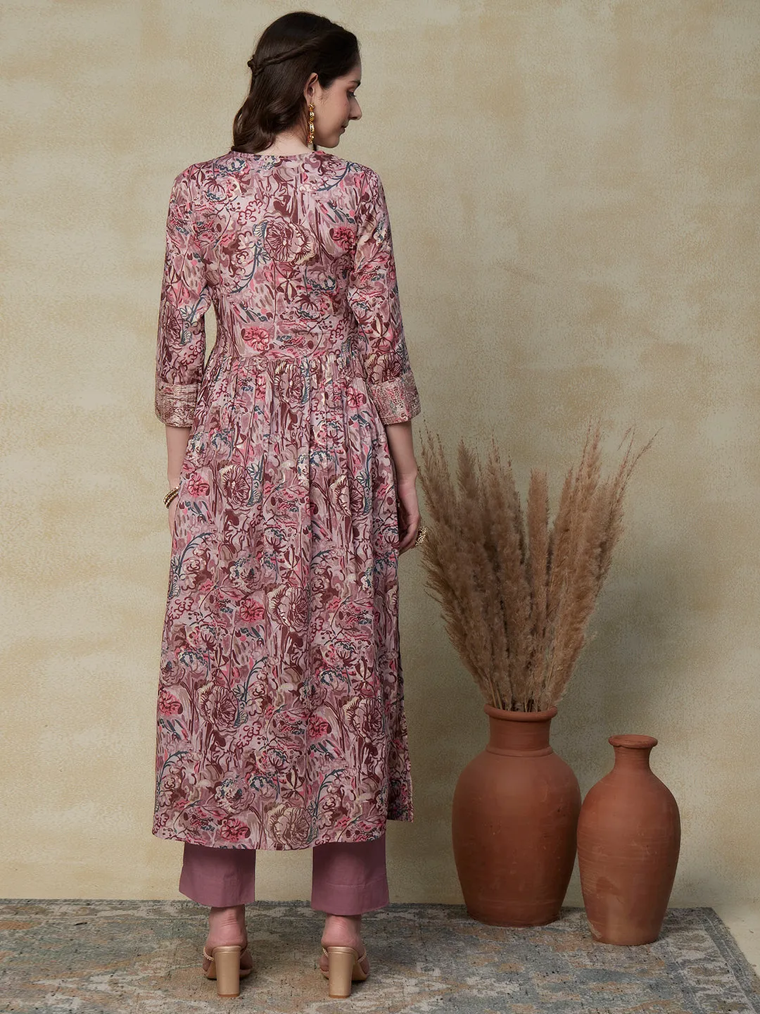 Abstract Printed Sequins & Zari Embroidered Empire Kurta with Pants - Light Mauve